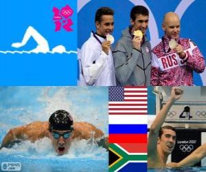 пазл Κολύμβηση 100 m στυλ ανδρών πεταλούδα πόντιουμ, Michael Phelps (Ηνωμένες Πολιτείες), Evgeni Korotyshkin (Ρωσία), το Τσαντ le Clos (Νότια Αφρική) - London 2012-